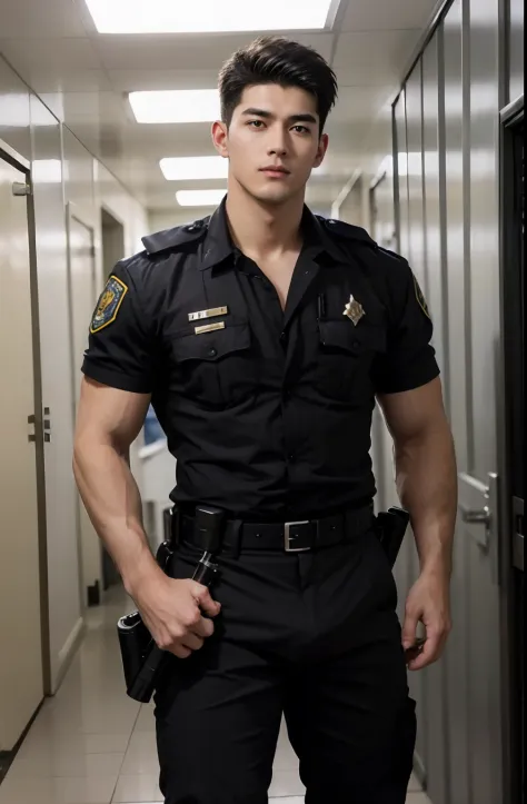 1 young handsome guy，20yr old，police officers，Interpol，hallways，The gun is handsome，musculous，hairy bodies，police uniforms（Fine eye 1：3），Black eyes，full bodyesbian