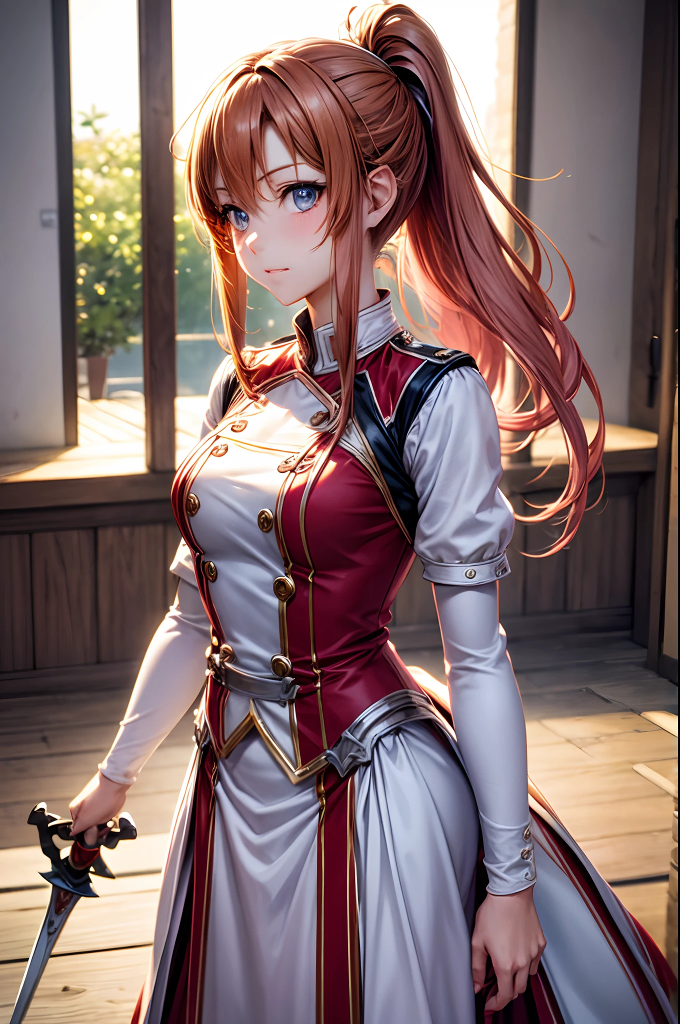 best pictures, masutepiece, ​masterpiece、super precision、sword in hands、[[rapier:1.10]]、High quality anime girl with brown hair and brown eyes、[3D images:1.25],[[Attractive eyes,A detailed eye、radiant eyes, Colorful eyes:1.25]]、the whole、front-facing view、Short ponytail, Pink hair、Solo Girl,red and white uniform, 8k picture、Dress correctly、best pictures, masutepiece, Photorealistic, Soft light, Attractive eyes that make you feel sucked in、Cowboy Shot、Kawaii Girl