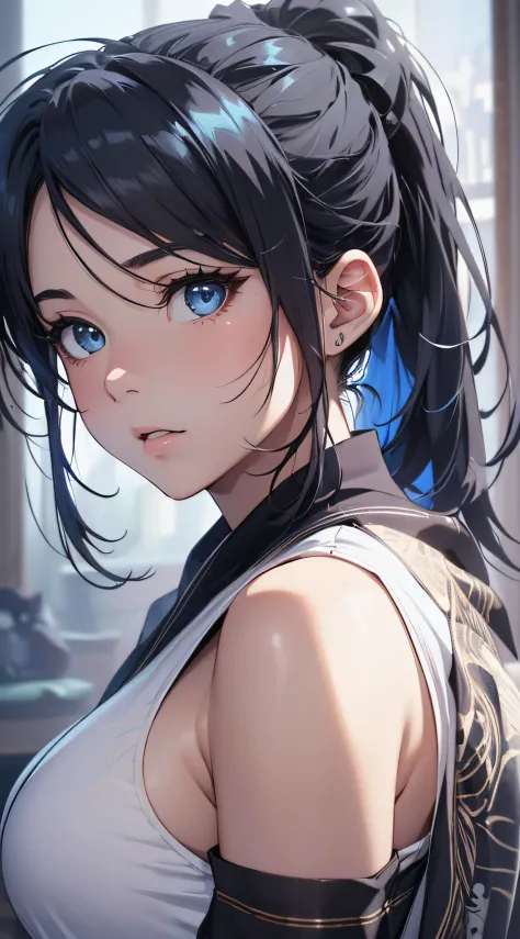 top-quality、Top image quality、​masterpiece、girl with((cute little、18year old、Best Bust、Medium bust、Bust 85,Beautiful blue eyes、Breasts wide open,Ponytail with black hair、A slender、Blue hair mesh、black bandana、Red Sports Bra、white robes、fighting poses)）hiqu...