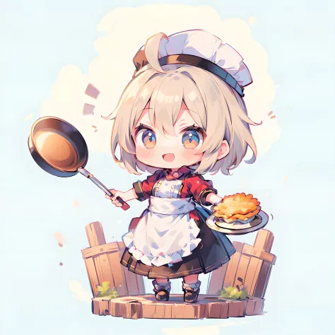 masutepiece, Best Quality, Extremely detailed, (((girl with))), (((Solo))), Happy, Full body, Ahoge, (Adventurer Costume 1:1), (Chef Costumes:1.1), CHFEF has, (Holding a frying pan:1.3), stylish pose, (((Chibi Character))), (((Deformed))) (Fantasy World Gu...