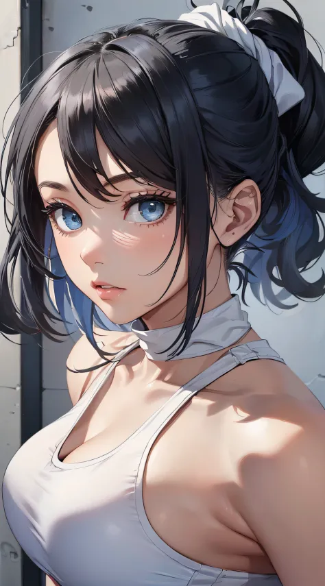 top-quality、Top image quality、​masterpiece、girl with((cute little、18year old、Best Bust、Medium bust、Bust 85,Beautiful blue eyes、Breasts wide open,Ponytail with black hair、A slender、Blue hair mesh、black bandana、Red Sports Bra、White Judogi、fighting poses)）hiq...