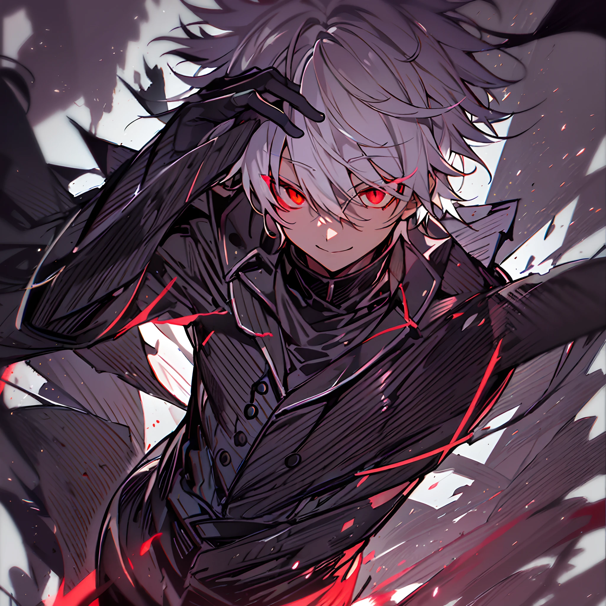 hight resolution,Anime boy with white hair and red eyes staring at camera, Glowing red eyes,slim, dressed in a black outfit,Shadow Body,Brown skin,monochromes,hair messy,Aggressive smile,Diagonal angle