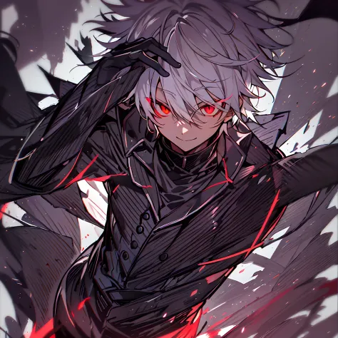 hight resolution,Anime boy with white hair and red eyes staring at camera, Glowing red eyes,slim, dressed in a black outfit,Shad...