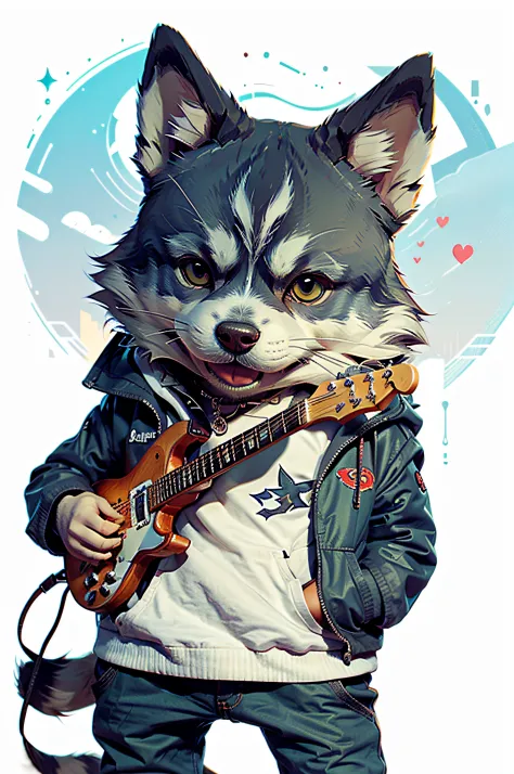 Cartoons of guitarists、Anthropomorphic Siberian Husky Dog（Holding a cigarette）