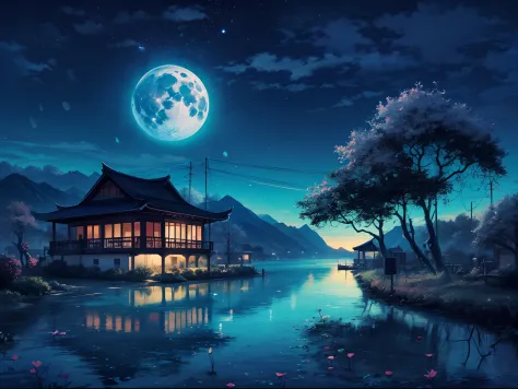 night scene with some house asian, vietnam, viet nam, ha giang, moon, lake in the foreground, calm night, green and blue, digita...