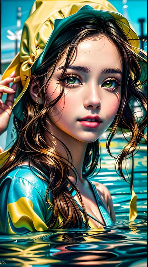 A closeup of a young woman in a yellow hat in a swimming pool, pintura realista da menina bonito, Pintura realista, estilo de ar...