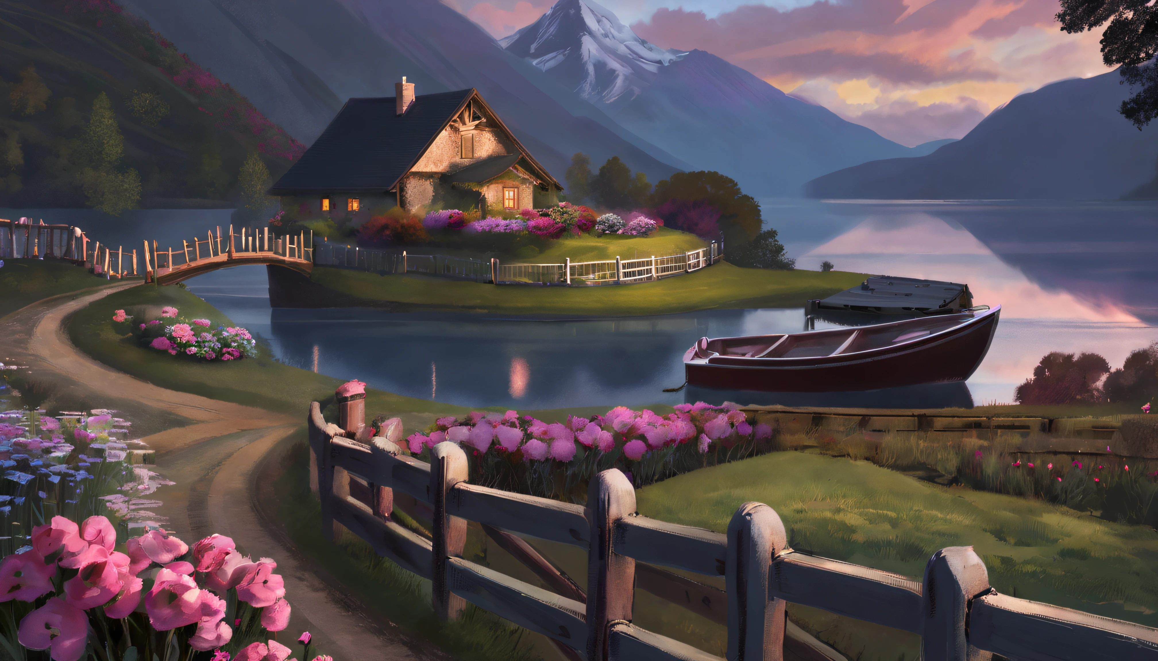 pintura de una cabaña, flores al lado de la valla, valla a lo largo del camino,  paisaje de montaña con un lago y un barco, ilustración pintura mate,  inspirado en Thomas Kinkade, pintura mate simétrica, paisaje detallado , estilo crudo, 8k ultra detallado