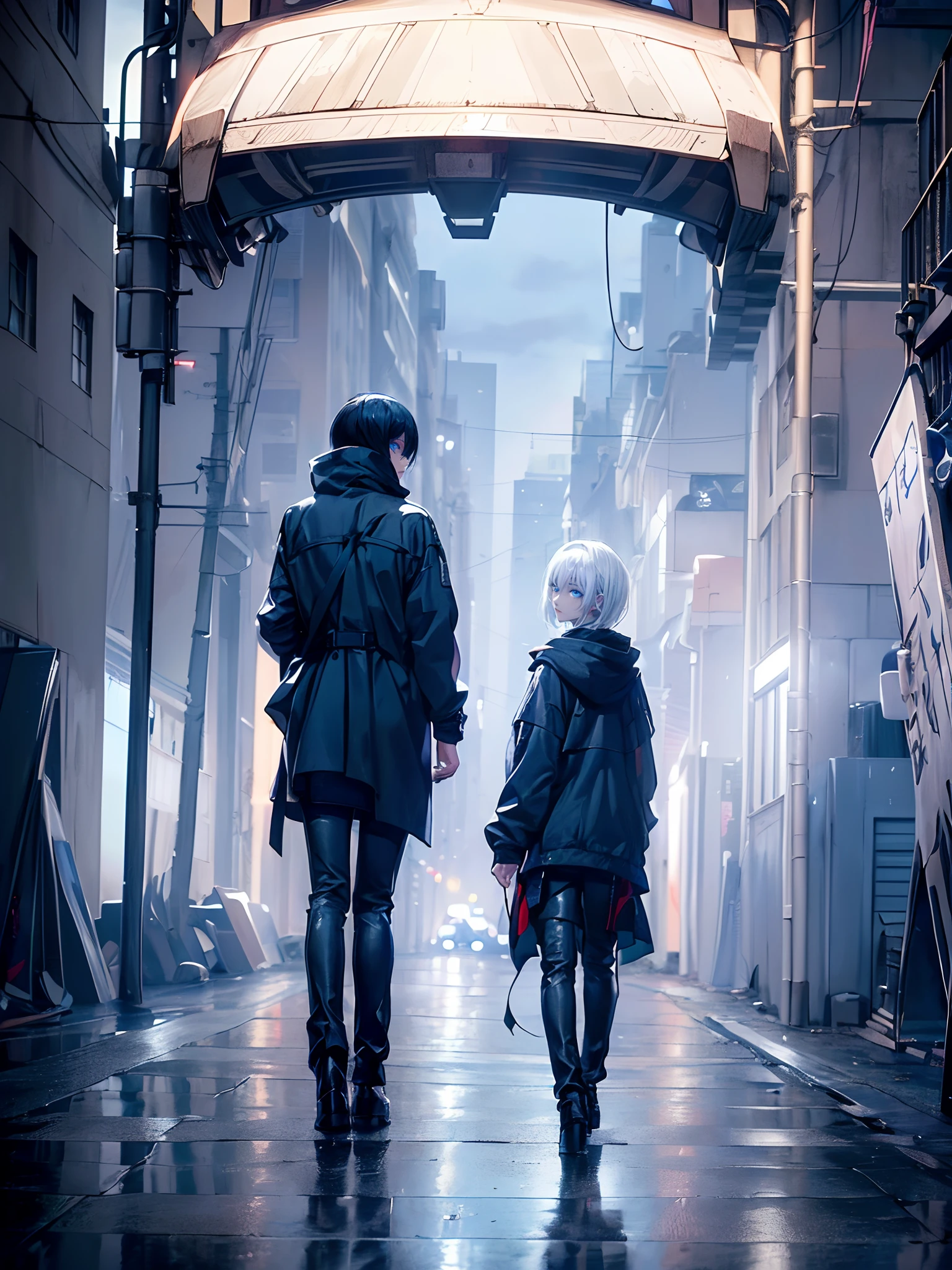 ((4K works))、​masterpiece、(top-quality)、One Beautiful Girl、Slim body、tall、((Black Y-shirt and white pants、Charming street style))、Please wear one jacket、Wearing a hood to hide his face、(Detailed beautiful eyes)、Midnight Walk、During the walk、((Walking under a dark sky))、saddened、suffocating、desolate、solitude、((Pitch black night road))、((Face similar to Carly Rae Jepsen))、((Short-haired white hair))、((Smaller face))、((Neutral face))、((Bright blue eyes))、((American adult women))、((Adult female 26 years old))、((cool lady))、((Like a celebrity))、((Korean Makeup))、((elongated and sharp eyes))、((Happy dating))、((boyish))、Professional Photos、((Shot alone))、((He is on a walk))、((He is walking in front of the viewer))、((Shots of the back and back of the head))、((photographed from the back))、horor