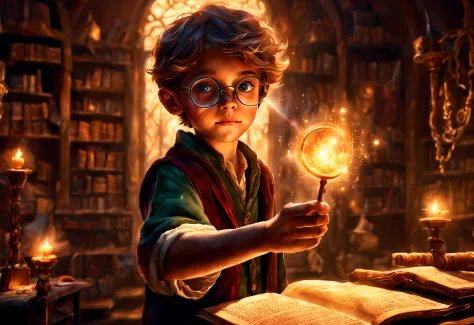 A boy with round glasses standing in a classroom, holding a wand, casting intricate and powerful spells. Bright flashes of light illuminate the surroundings. The boy's eyes are filled with determination and focus as he waves his wand with precision. The ai...