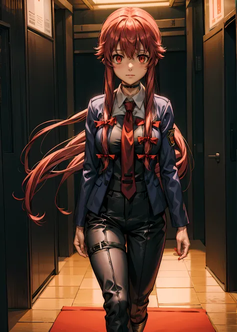 yuno gasai wearing frock coat, necktie, black pants, large breasts, red eyes, (fanart of gasai yuno), leather gloves, black boot...