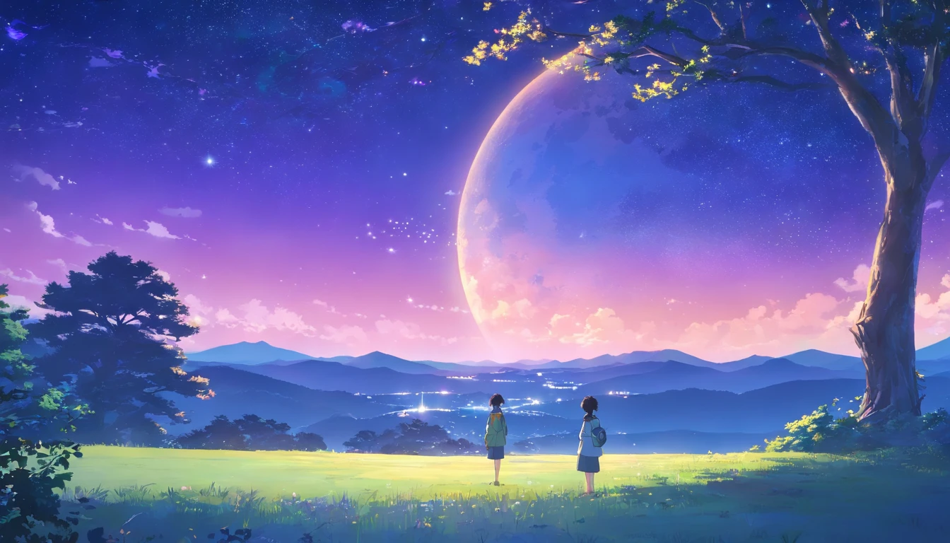 New Haicheng anime style, with a purple background of the moon and ...