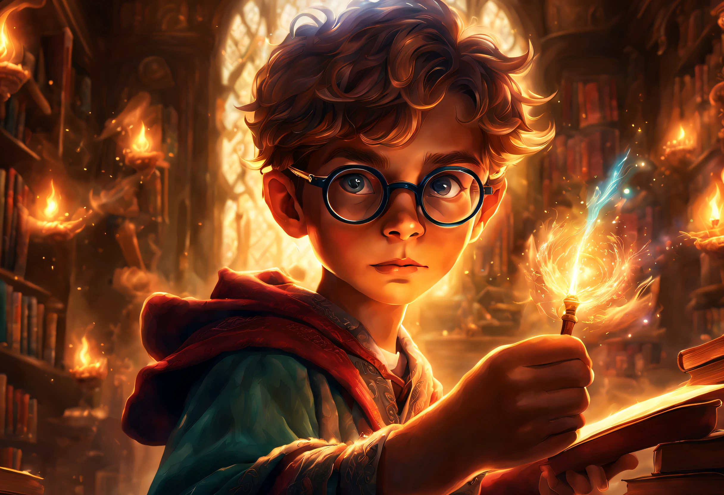 A boy with round glasses standing in a classroom, holding a wand, casting intricate and powerful spells. Bright flashes of light illuminate the surroundings. The boy's eyes are filled with determination and focus as he waves his wand with precision. The air is thick with magical energy, crackling and swirling around him. The classroom is filled with ancient books, potion bottles, and other magical artifacts. The walls are adorned with intricate tapestries depicting the history of magic. The atmosphere is mysterious and enchanting. The spells the boy casts are vivid and dynamic, creating stunning visual effects that captivate the viewer. The colors are rich and vibrant, with a touch of otherworldly glow. The lighting is dramatic, casting long shadows and highlighting the boy's face in a magical glow. The scene exudes a sense of awe and wonder. The boy's intense concentration and the raw power of the spells make it clear that he is a gifted wizard, destined for great things. The image quality is top-notch, with ultra-detailed textures and sharp focus. The artwork has a realistic yet fantastical feel, combining elements of digital illustrations and traditional paintings. The colors are carefully chosen to create a harmonious and magical atmosphere, with a hint of warmth and mystery. The scene is bathed in soft, natural light, casting a soft glow on the surroundings. The overall composition and perspective draw the viewer into the magical world, evoking a sense of wonder and excitement.