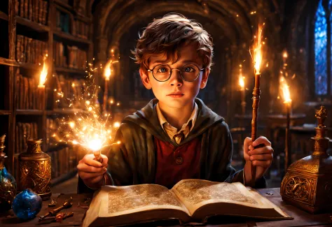 A boy with round glasses standing in a classroom, holding a wand, casting intricate and powerful spells. Bright flashes of light illuminate the surroundings. The boy's eyes are filled with determination and focus as he waves his wand with precision. The ai...