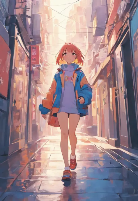 Illustration of a woman walking through the city with various objects, Edit the pastel colors of the illustration, in style of james gilleard, Illustration style, james gilleard artwork, Flat illustration, in style of digital illustration, magazine illustr...