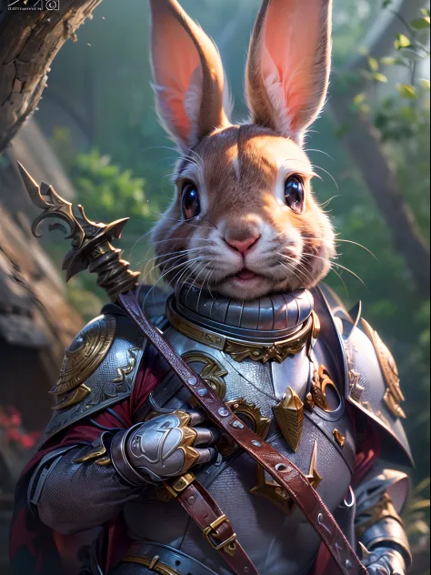 (best quality,4k,8k,highres,masterpiece:1.2),ultra-detailed, (realistic,photorealistic,photo-realistic:1.37), manga style, full body of cute rabbit in armor, detailed eyes and face, vibrant colors, vivid lighting, armored rabbit, manga artwork, digital ill...