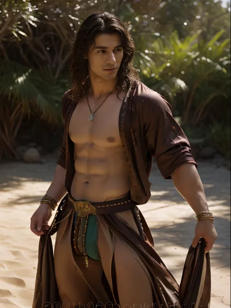 handsome 18 year old male belly dancer, slender build, dark wavy hair, holding a colorful chiffon with tassels, wearing a g-string, wearing elaborate necklace, wide bracelet, wide anklet, belt of coins, wide decorative band around upper thigh, armbands on ...