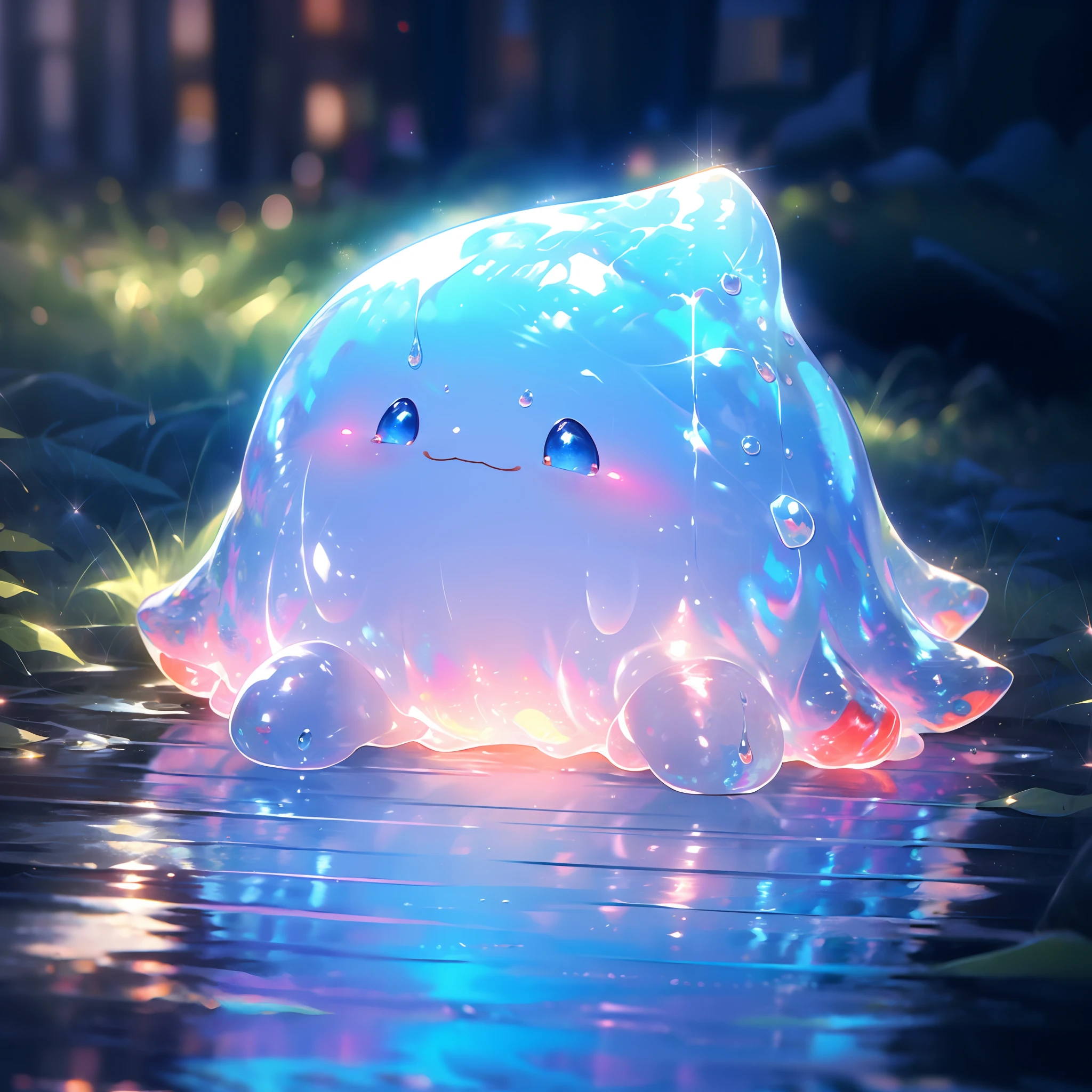 A shiny blue and red slime, cute face,vibrant and translucent texture, slime stretching and squishing, detailed, mesmerizing patterns and swirls, sparkling and reflecting light, satisfying to touch and play with, high-res masterpiece, vivid colors, illuminated with soft studio lighting.