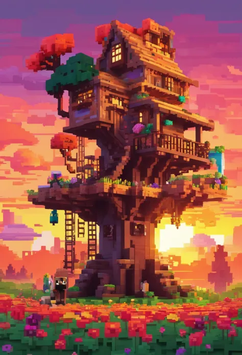 a giant treehouse in the center of a beautiful flower field with a sunset in the background