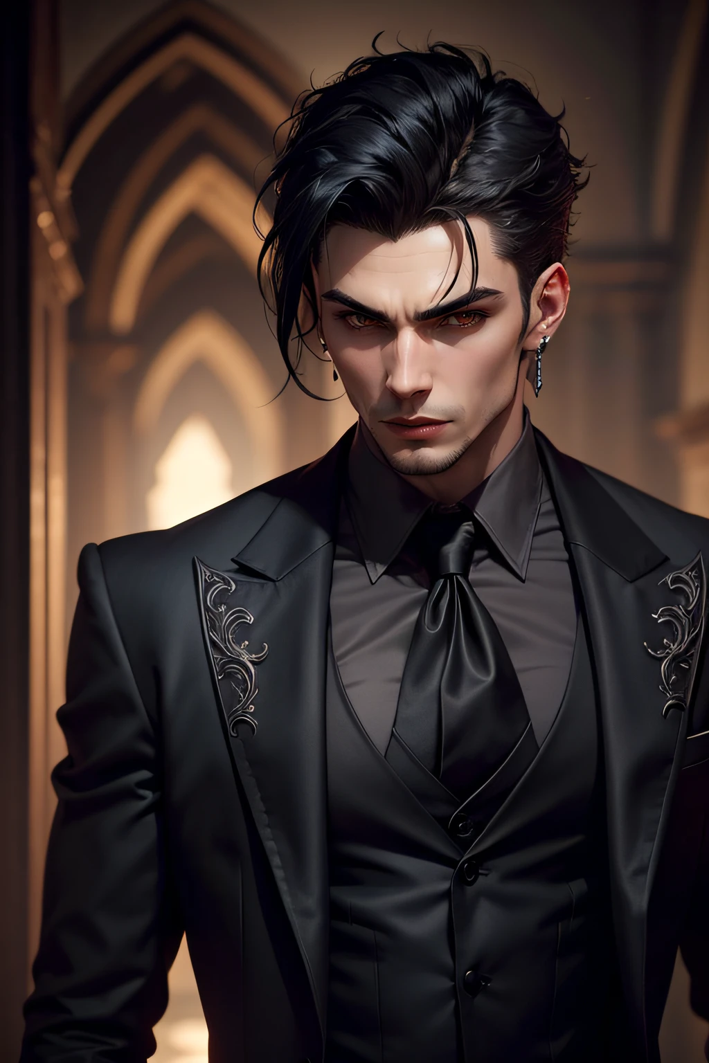 a vampire very handsome, slim, masculine body, detailed face, detailed body, wearing a black suite, blood, black hair, earrings, the background old castle,