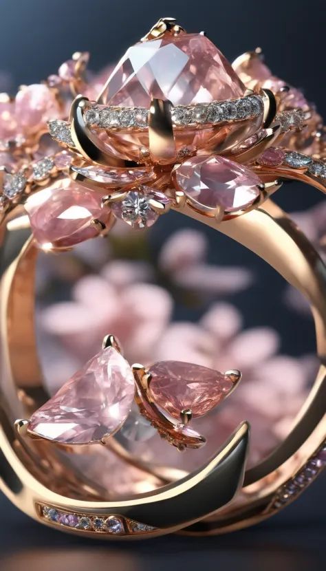 a jewellery design, Sakura themed ring, Gemstones and diamonds, luxury goods, closeup cleavage, product-view, trending on artstationh, CGSesociety, hyper qualit, Digital art, Exquisite ultra-details, 4K, gentle illumination, Dreamy, Fashion, unreal engine ...