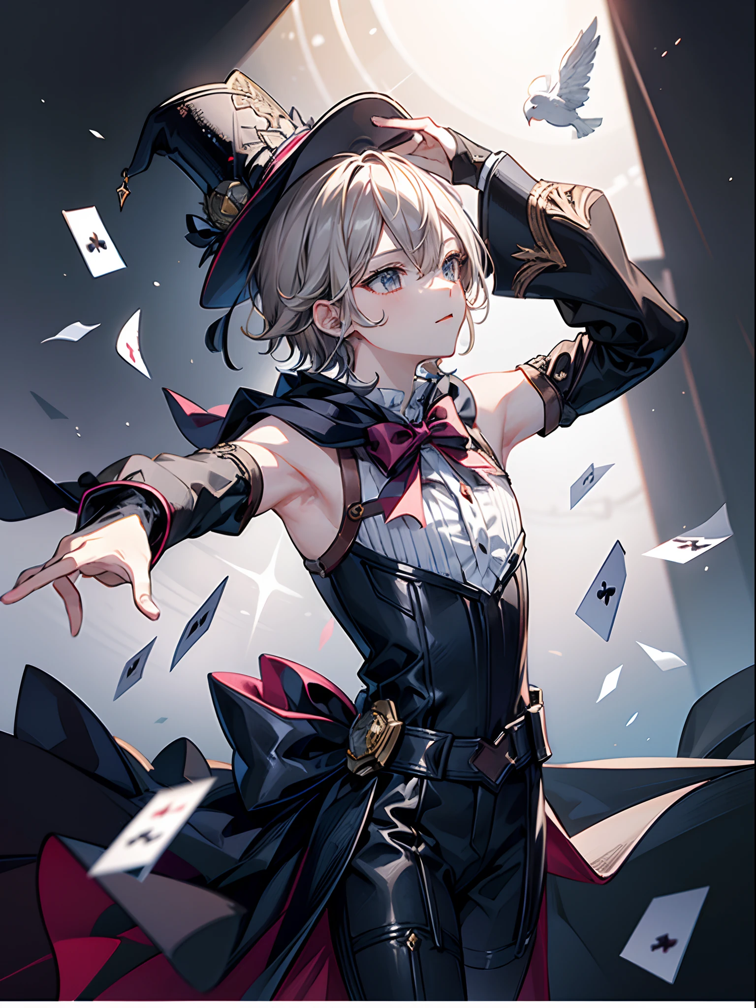 (masterpiece, best quality), 1boy, solo, black magician hat, magician clothes, short, detached sleeves, card, white dove, perform at stage, spotlights, intricate and highly detailed, detailed background