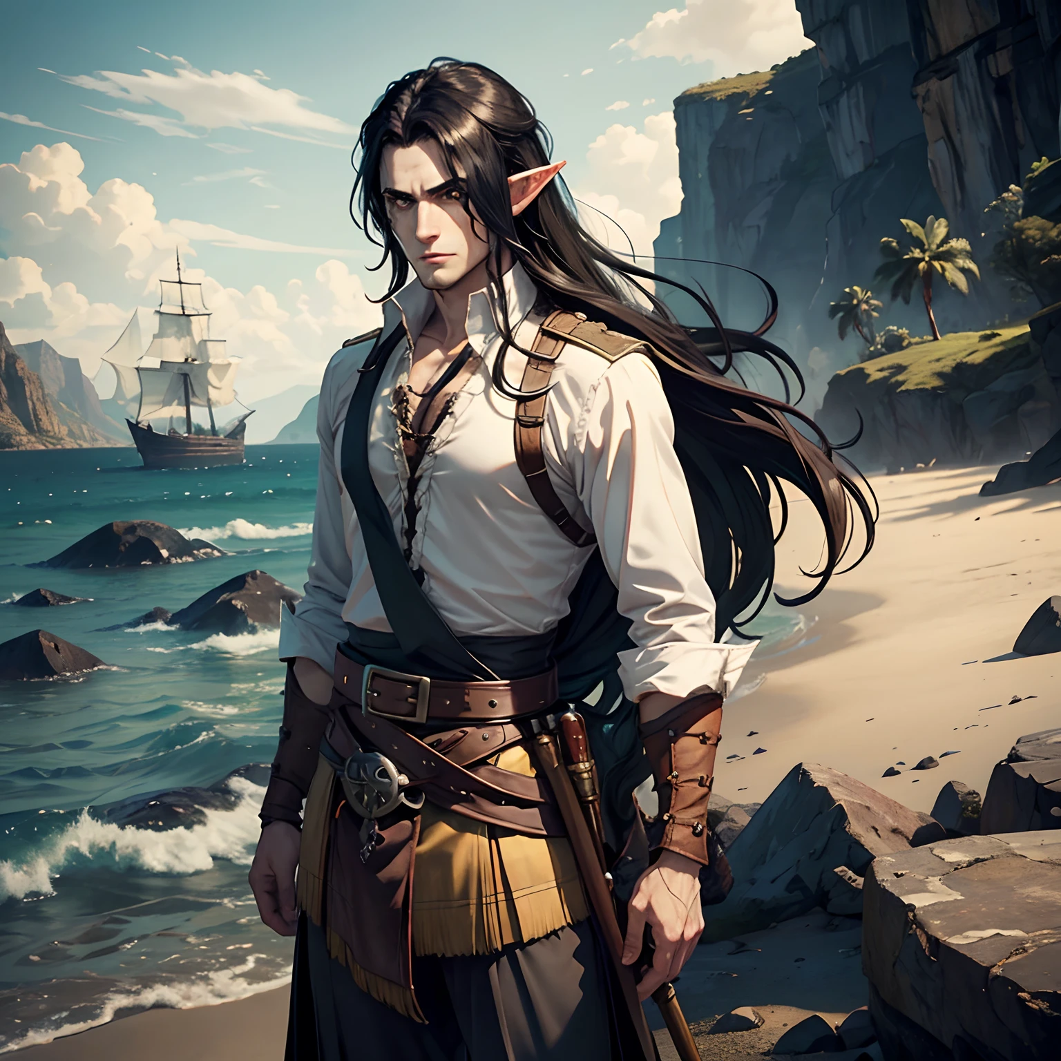 Lonely male elf. a pirate. ah high. pale skin. Long black hair. Male face without beard. scar on face.  Leather bib with shirt. Scotch Kilt. stands. On the island