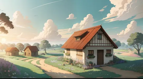 Give me a House in the countryside in summer background, colony, anime style