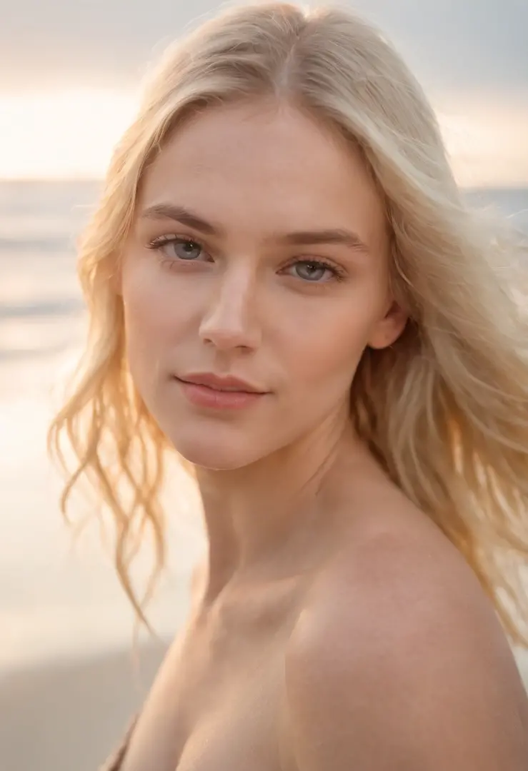 NSFW - Half-length photograph of Gorgeous 18 year old blonde playing in shallow water on beach. Beautiful soft light, near sunrise. Wet hair, wet body.