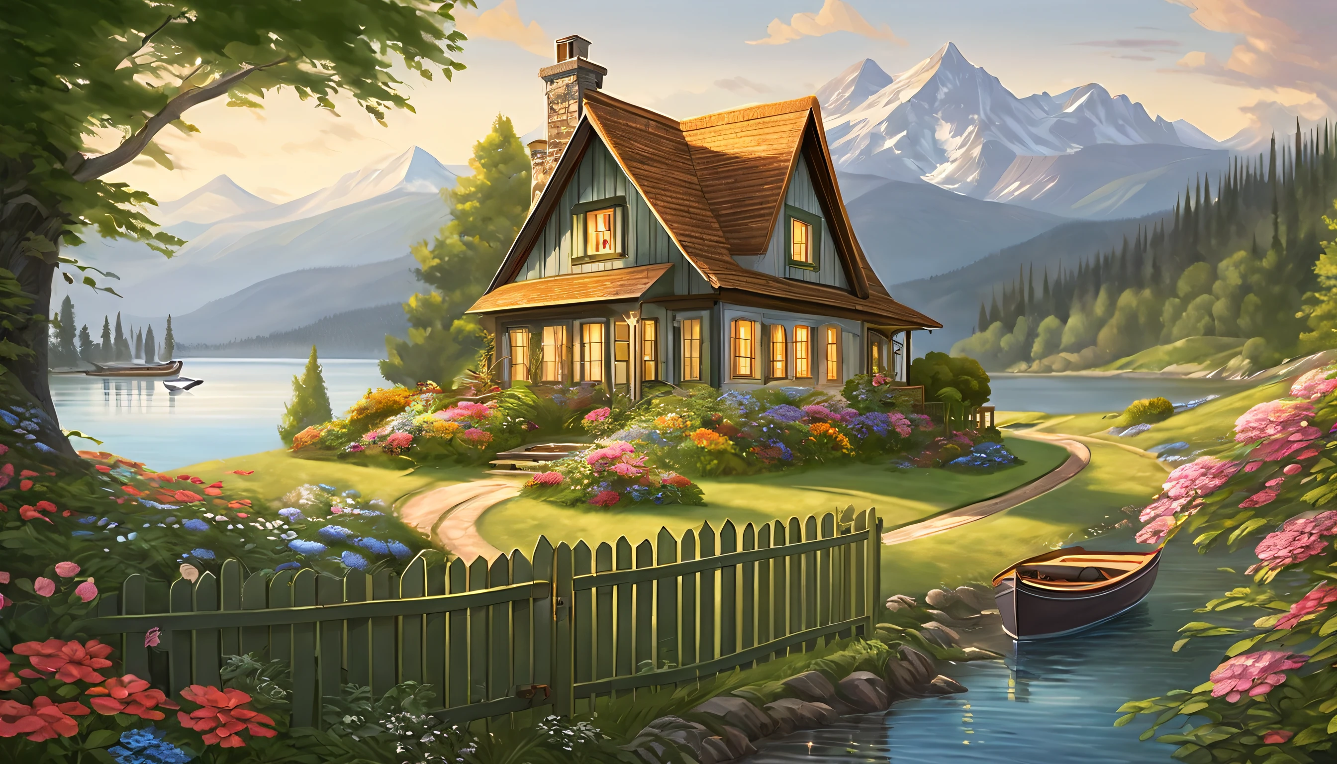 painting of a cottage, flowers beside of fence, fence along the road,  mountain landscape with a lake and a boat, illustration matte painting,  inspired by Thomas Kinkade, symmetric matte painting, detailed scenery , style raw, 8 k ultra detailed