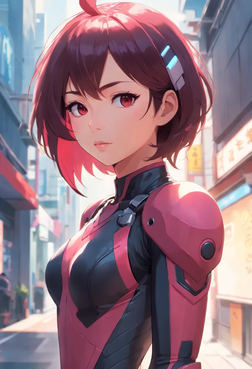 a close up of a woman in a black and red suit, concept art inspired by INO, cgsociety contest winner, neo-figurative, in spandex suit, streamlined pink armor, slick pink armor, bubblegum body, fullbodysuit, tight full body suit, laserpunk fullbodysuit, cybersuit, matte pink armor, full body x-force outfit