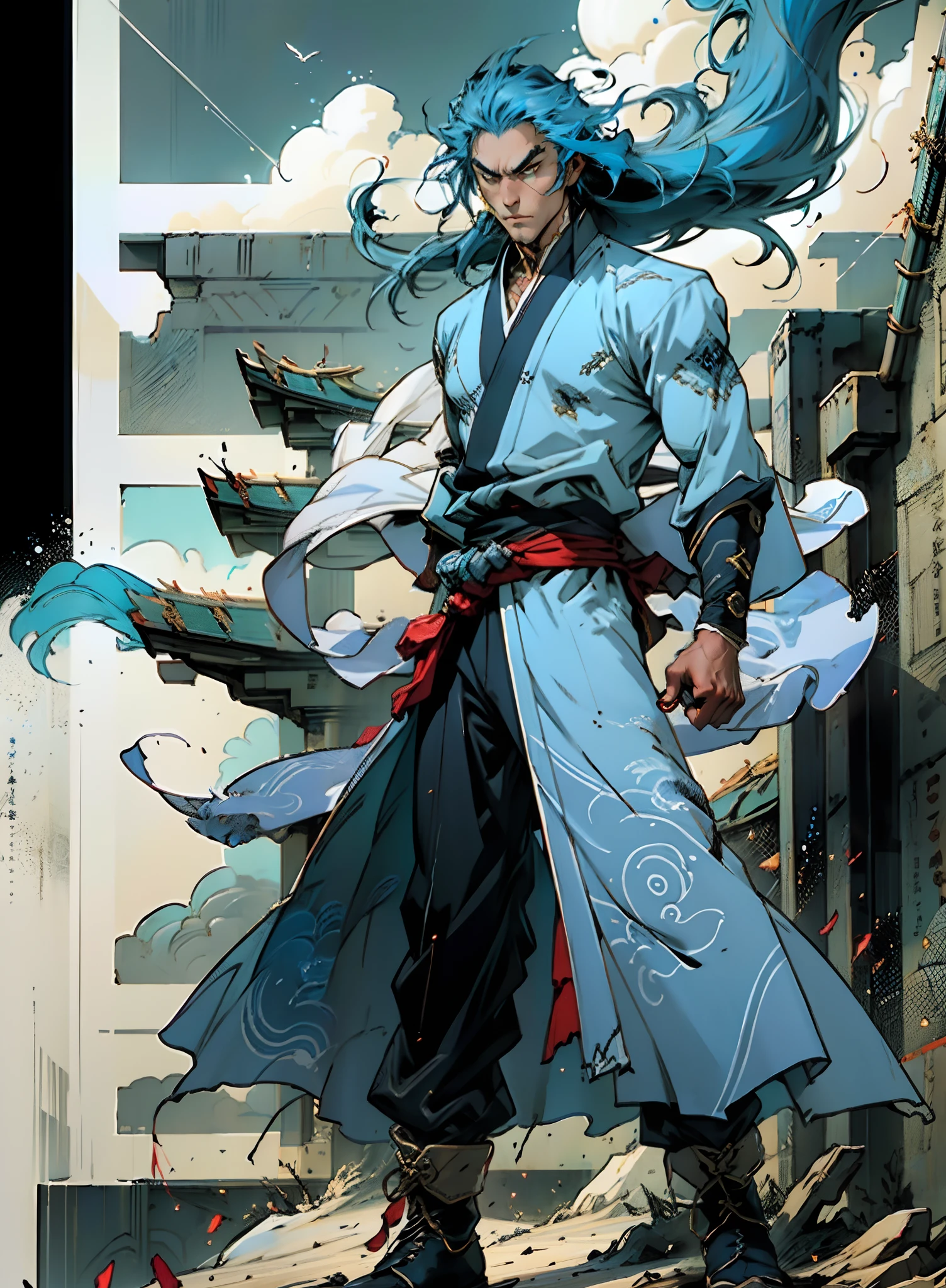 A young man with long slate-blue hair, disheveled and flying hair, sharp gaze, a resolute countenance, he has a mixed West Asian and Eastern European appearance, a fantasy wuxia-style tight-fitting trench coat robe, with a flowing hem, the color scheme is mainly white, with red and white-blue as secondary colors, dark trousers, thick cloth boots, he stands in a majestic posture, while the surrounding space shatters and ruptures with energy, this character embodies a finely crafted fantasy-style Chinese martial hero in anime style, characterized by an exquisite and mature manga illustration art style, high definition, best quality, highres, ultra-detailed, ultra-fine painting, extremely delicate, professional, anatomically correct, symmetrical face, extremely detailed eyes and face, high quality eyes, creativity, RAW photo, UHD, 8k, Natural light, cinematic lighting, masterpiece:1.5