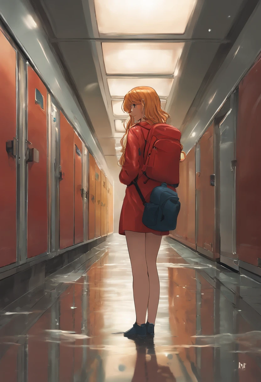 Anime girl in red coat standing in hallway with backpack - SeaArt AI