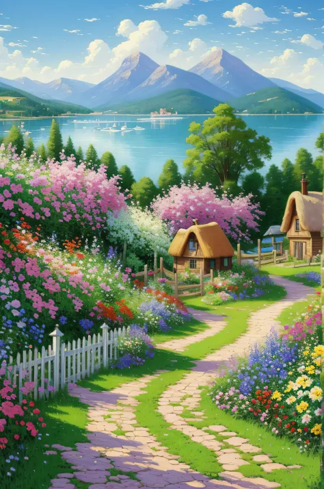 painting of a cottage, flowers beside of fence, fence along the road,  mountain landscape with a lake and a boat, birds flying i...