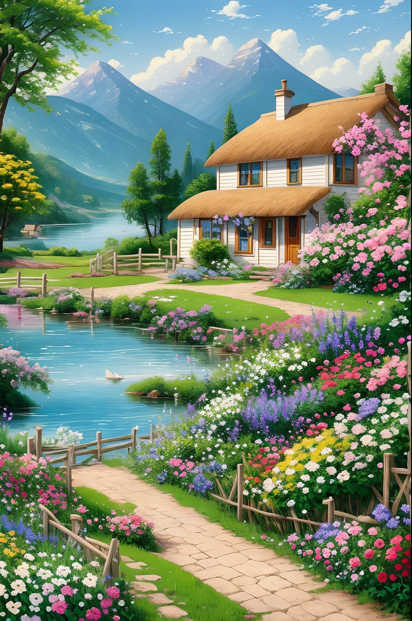 painting of a cottage, flowers beside of fence, fence along the road,  mountain landscape with a lake and a boat, birds flying in the blue sky, illustration matte painting,  inspired by Thomas Kinkade, symmetric matte painting, detailed scenery , style raw, 8 k ultra detailed