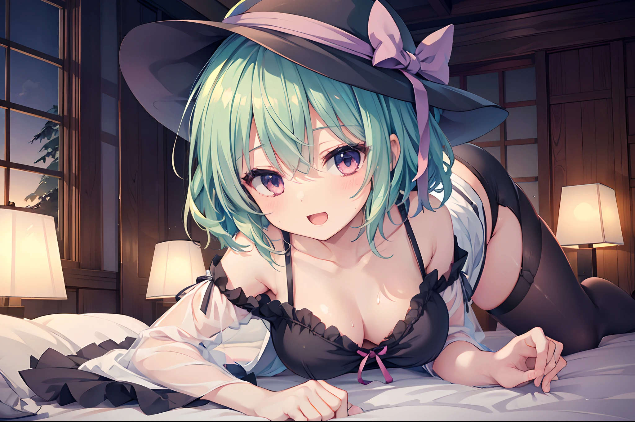 Anime girl laying on bed with hat and stockings on - SeaArt AI