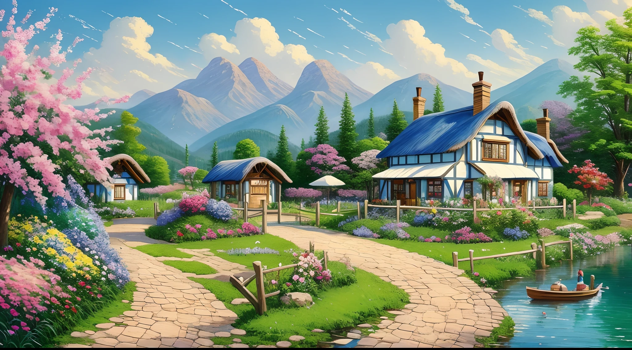 peinture d&#39;un chalet, fleurs à côté de la clôture, clôture le long de la route,  paysage de montagne avec un lac et un bateau, Oiseaux qui volent dans le ciel bleu, peinture mate d&#39;illustration,  Inspiré par Thomas Kinkade, peinture mate symétrique, paysage détaillé , style brut, 8 k ultra détaillé