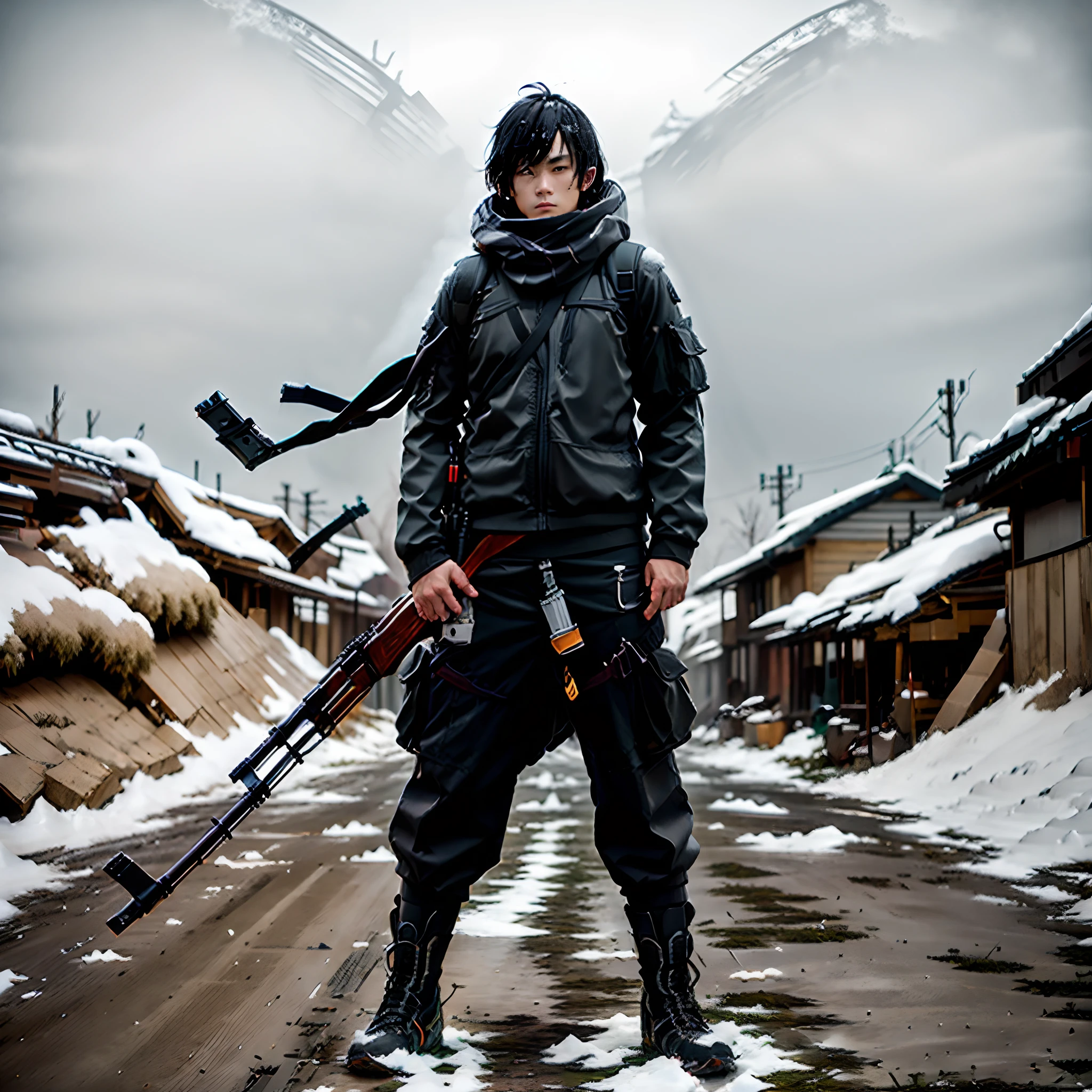 1人, Male focus, Black color hair, Short hair, Black eyes, Gray cargo pants, Black boots, shoulder holster, kalashnikov_rifle, holding gun, Full body shot,snow field, Cowboy shot, Masterpiece, Best quality, Perfect hands,Asian people