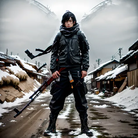 1人, Male focus, Black color hair, Short hair, Black eyes, Gray cargo pants, Black boots, shoulder holster, kalashnikov_rifle, ho...