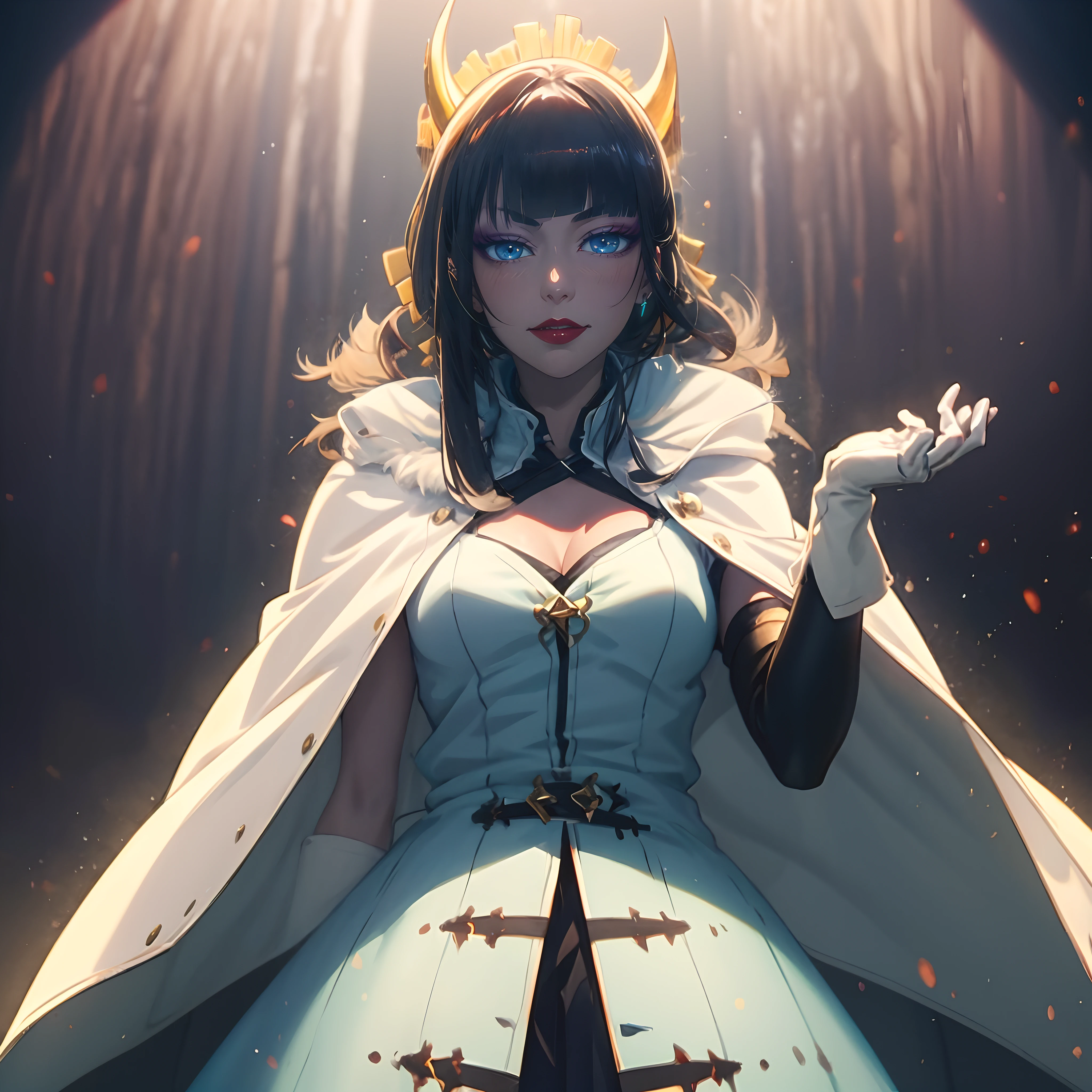 senjumaru shutara, (long hair, bangs, blunt bangs, black hair, sidelocks:1.5), (black eyes:1.5), makeup, lipstick, red lipstick, breasts, epic art, fantasy, gloves, white_gloves, cape, 1girl, breasts, solo, dress, elbow_gloves, white_cape, cleavage,  medium_breasts, looking_at_viewer, gradient, gradient_background, glow effects, godrays, Hand drawn, render, 8k, octane render, cinema 4d, blender, dark, atmospheric 4k ultra detailed, cinematic, Sharp focus, big depth of field, Masterpiece, colors, 3d octane render, 4k, concept art, trending on artstation, hyperrealistic, Vivid colors, extremely detailed CG unity 8k wallpaper, trending on CGSociety, Intricate, High Detail, dramatic, anime coloring, anime screencap, steaming body, fog, heavy breathing, nsfw art,