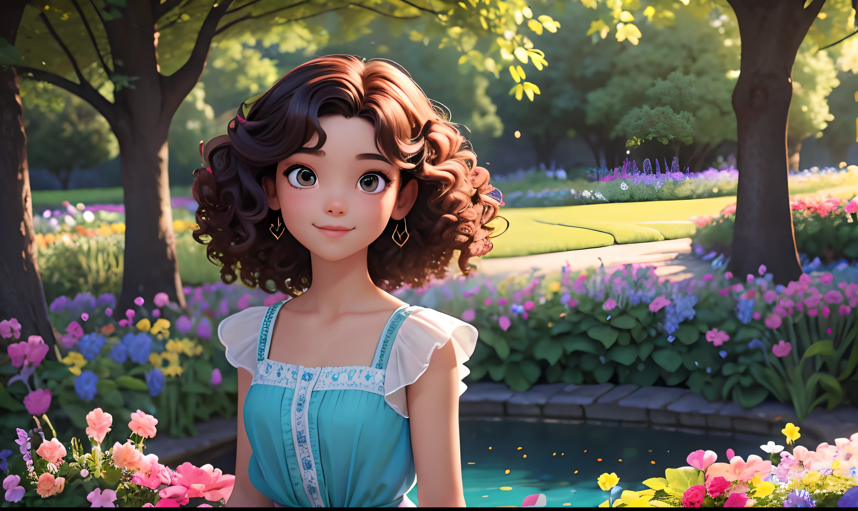 menina com cabelo cacheado e grande, olhos expressivos, usando um vestido azul vibrante, cercado por flores coloridas em um jardim exuberante, com a luz do sol fluindo através das árvores, criando uma atmosfera calorosa e convidativa. O tom de pele da menina é rico e radiante, destacando sua energia jovem e vibrante. As flores estão em plena floração, com pétalas delicadas e uma variedade de cores vibrantes, incluindo vermelho, rosa, amarelo, e roxo. O jardim está cheio de grama verde, Árvores altas, e uma lagoa tranquila, refletindo a beleza do ambiente. O sorriso da menina é contagiante e irradia alegria, Capturando a inocência e a felicidade da infância. A pintura é feita em um estilo realista, com atenção impecável aos detalhes, mostrando a habilidade do artista em capturar as características intrincadas do rosto da garota, as texturas delicadas das flores, e o jogo de luz e sombra no jardim. As cores são vivas e vibrantes, com uma combinação harmoniosa de tons quentes e frescos, criando uma experiência visualmente atraente e imersiva. A composição geral é equilibrada e dinâmica, com a menina posicionada ligeiramente fora do centro, chamando a atenção do espectador e criando uma sensação de movimento e vitalidade. a iluminação é suave e natural, realçando o realismo da cena e adicionando profundidade e dimensão à pintura. A arte final é uma obra-prima de alta resolução, adequado para exibição em galerias e museus, mostrando a beleza e a diversidade do mundo em que vivemos.