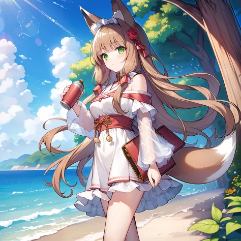 (Masterpiece, Highest quality, A high resolution: 1.4), 1girll，独奏，Big fox tail，Long brown hair，Green eyes，White sexy plush dress...