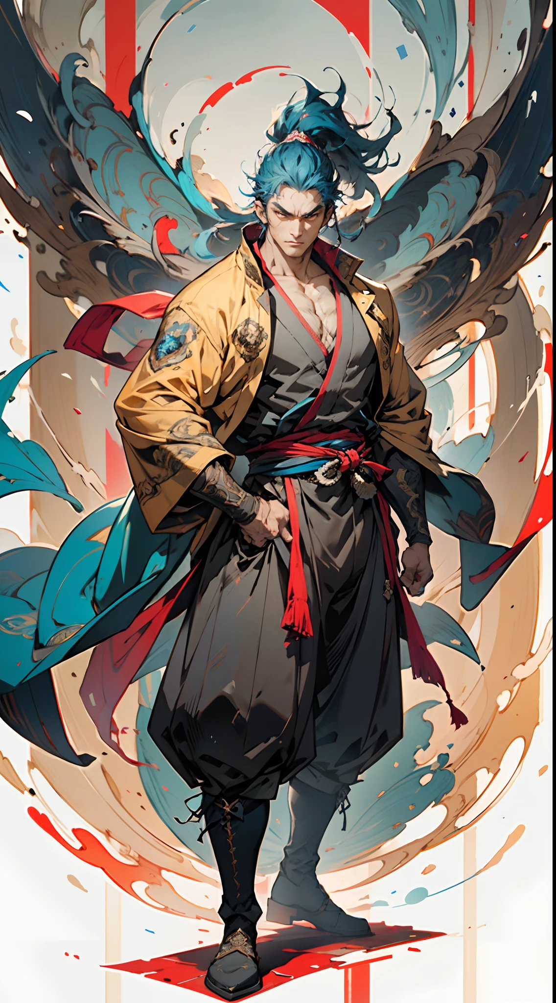 A young man with long slate-blue hair, disheveled and flying hair, sharp gaze, a resolute countenance, he has a mixed West Asian and Eastern European appearance, a fantasy wuxia-style tight-fitting trench coat robe, with a flowing hem, the color scheme is mainly white, with red and white-blue as secondary colors, dark trousers, thick cloth boots, he stands in a majestic posture, while the surrounding space shatters and ruptures with energy, this character embodies a finely crafted fantasy-style Chinese martial hero in anime style, characterized by an exquisite and mature manga illustration art style, full body character drawing, high definition, best quality, highres, ultra-detailed, ultra-fine painting, extremely delicate, professional, anatomically correct, symmetrical face, extremely detailed eyes and face, high quality eyes, creativity, RAW photo, UHD, 8k, Natural light, cinematic lighting, masterpiece:1.5