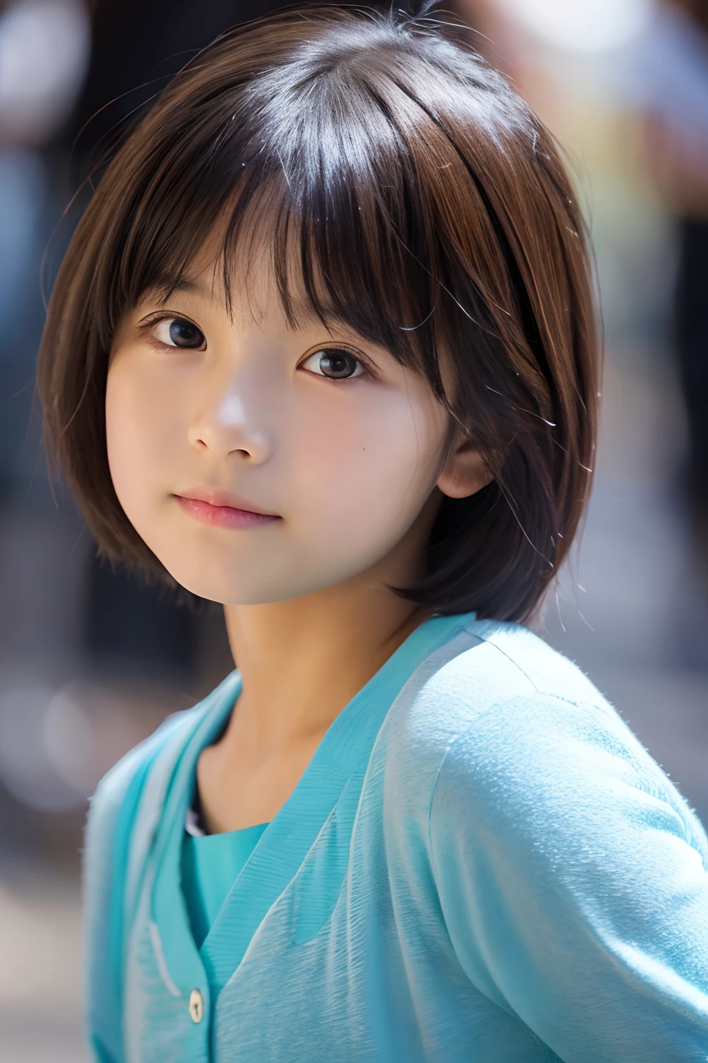 8-year-old girl, Short hair, Close-up shot.