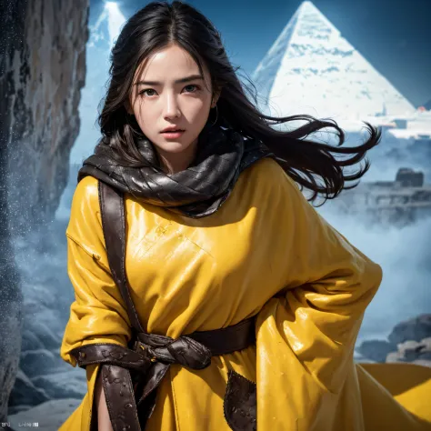 Realistic painting_book_cover:1.3, Little girl goes to the pyramids，CG Giant, Smooth CG art, Realistic. Cheng Yi, Realistic secret style, A lovely secret rendering, Rendu portrait 8k, Render character art 8 K, Kawaii realistic portrait， （Linen batik scarf）...