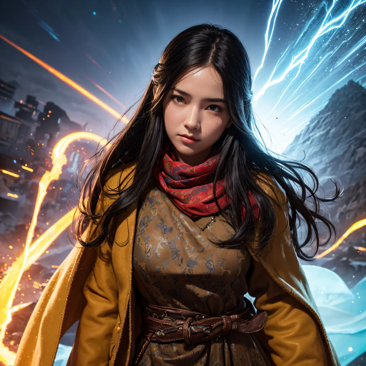 Realistic painting_book_cover:1.3,  goes to the pyramids，CG Giant, Smooth CG art, Realistic. cheng yi, Realistic secret style, A lovely secret rendering, Rendu portrait 8k, Render character art 8 K, Kawaii realistic portrait， （Linen batik scarf）， Angry fighting stance， looking at the ground， Batik linen bandana， Chinese python pattern long-sleeved garment，Uncharted（Abstract propylene splash：1.2）， Dark clouds lightning background，ruins（realisticlying：1.4），Black color hair，Flour fluttering，Telephoto lens high， A high resolution， the detail， RAW photogr， Sharp Re， Nikon D850 Film Stock Photo by Jefferies Lee 4 Kodak Portra 400 Camera F1.6 shots, Rich colors, ultra-realistic vivid textures, Dramatic lighting，8K quality, Girls，Backstreets， Dark clouds lightning background（realisticlying：1.4），Black color hair，Uncharted， RAW photogr， Sharp Re， Nikon D850 Film Stock Photo by Jefferies Lee 4 Kodak Portra 400 Camera F1.6 shots, Rich colors, ultra-realistic vivid textures, Drama light film CG agency，Tropical canyon battle scene、Chinese big breasts、Vintage trench coat、three kingdom、ember、100 people、Faraway view、intense battles、high detal、masuter piece、NSFW，Multi-layered long-sleeved gauze garment，Quick-drying vest，Colorful cotton and linen sweater，Red and black snake cloak cloak，Doomsday ruins（Uncharted）Climb the streets（Armageddon）eyes filled with angry，He clenched his fists