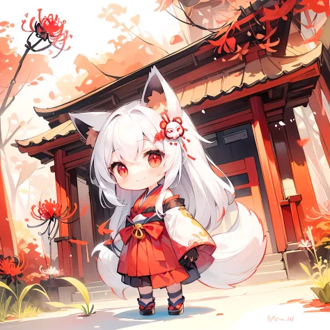 ((Concept art)), ((illstration)). (((Red Spider Lily))), girl with, A smile、Full body, Longhair, White hair, Red Eyes, fox ear, ...