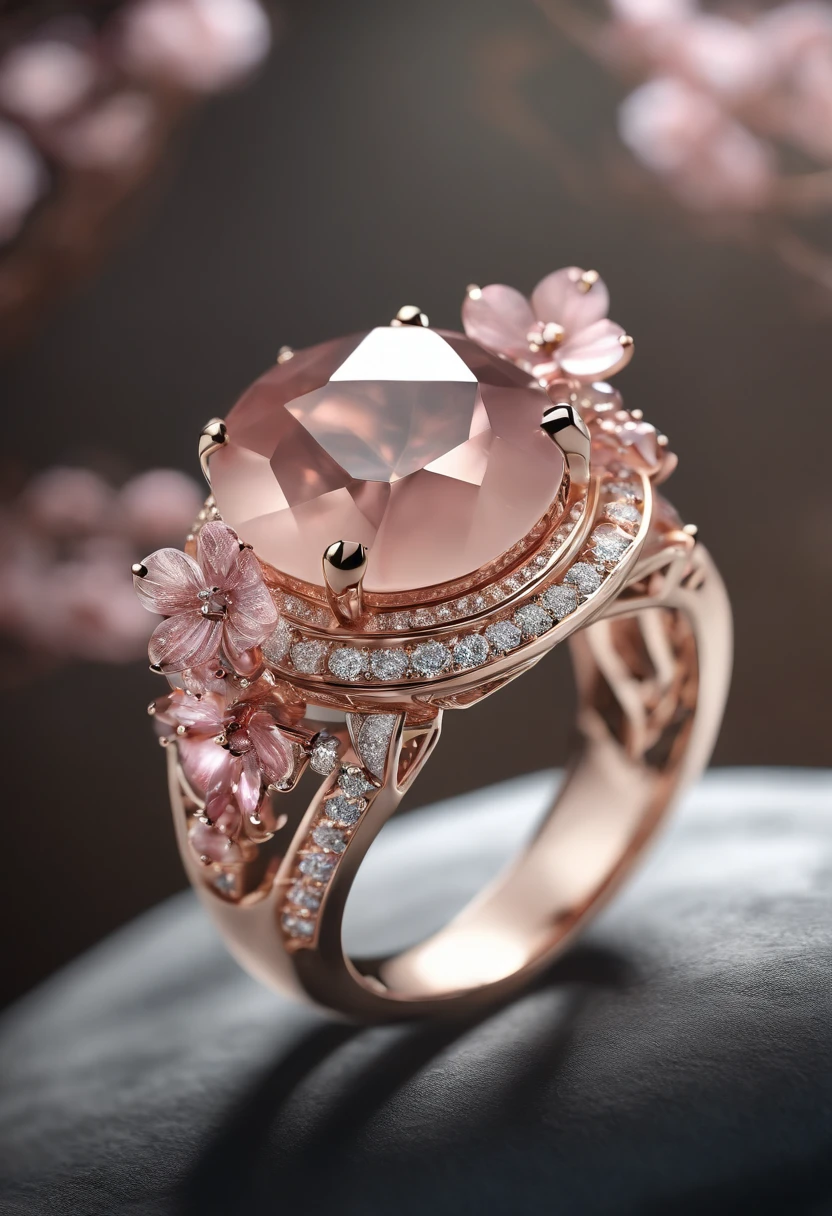 a jewelry design, sakura-themed ring, gemstones and diamonds 