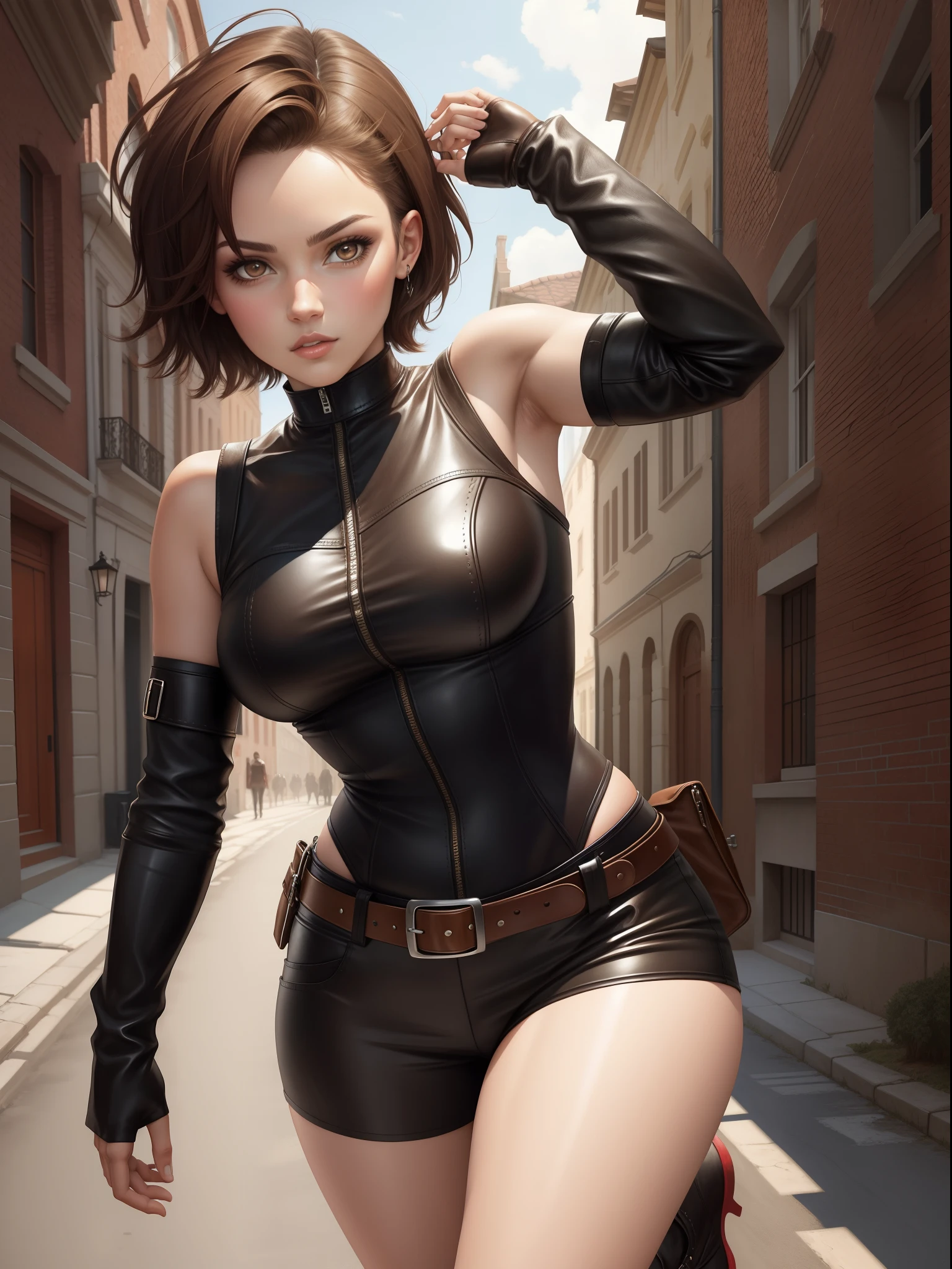 DigiArt Style, looking at viewer, full body, digital art, 1girl, solo, short hair, brown hair, brown eyes, tonned, fit, fighter, steal and leather clothes, fantasy