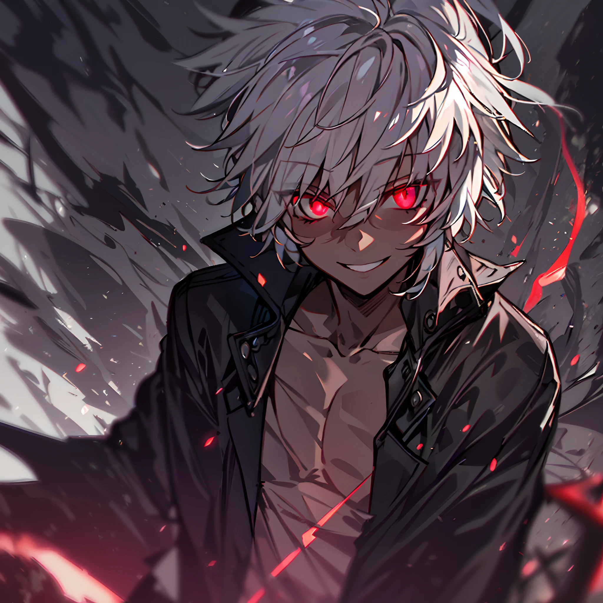 hight resolution,Anime boy with white hair and red eyes staring at camera, Glowing red eyes,slim, dressed in a black outfit,Shadow Body,Brown skin,monochromes,hair messy,Aggressive smile,Diagonal angle