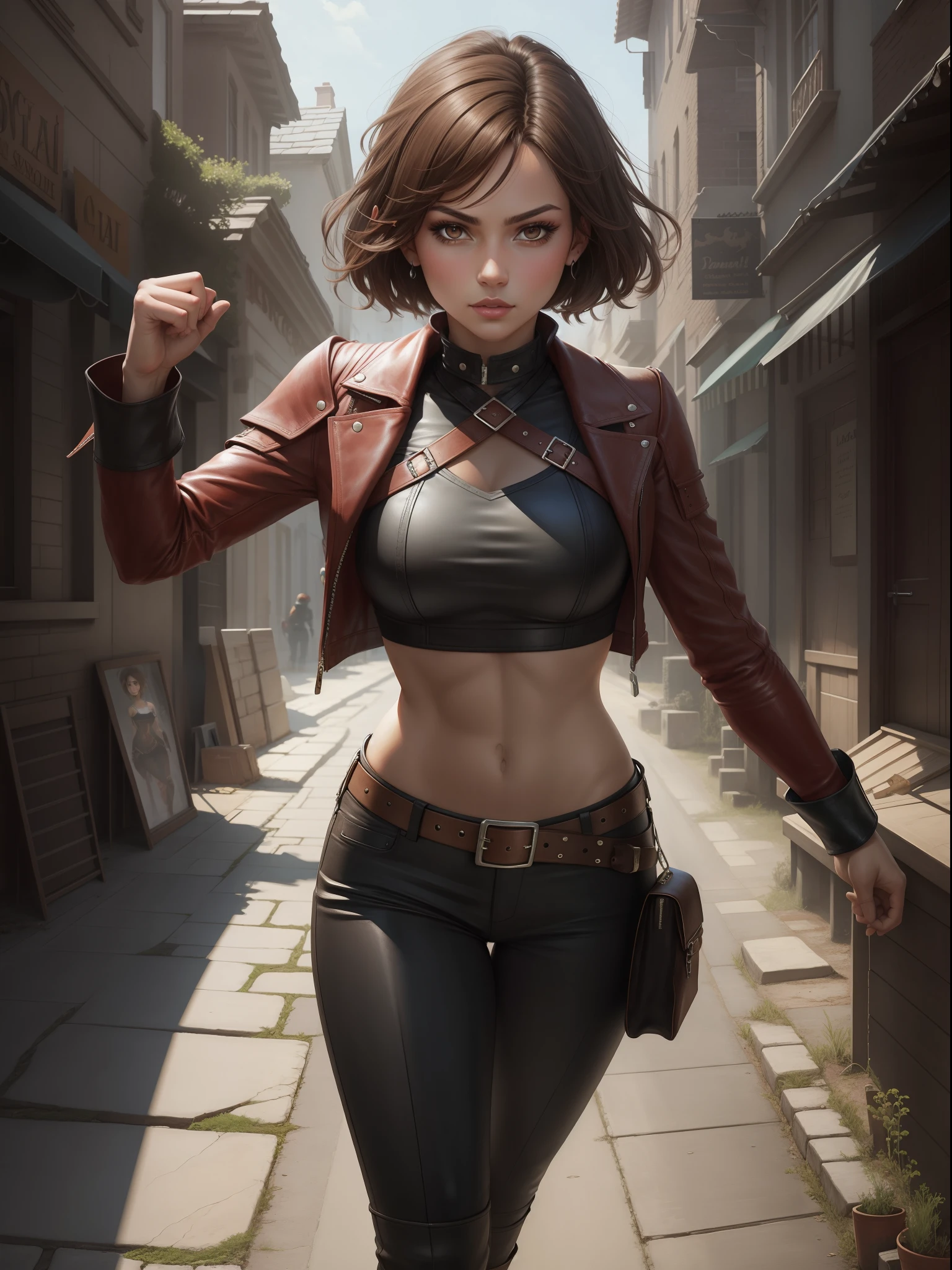 DigiArt Style, looking at viewer, full body, digital art, 1girl, solo, short hair, brown hair, brown eyes, tonned, fit, strong, fighter, steal and leather clothes, fantasy